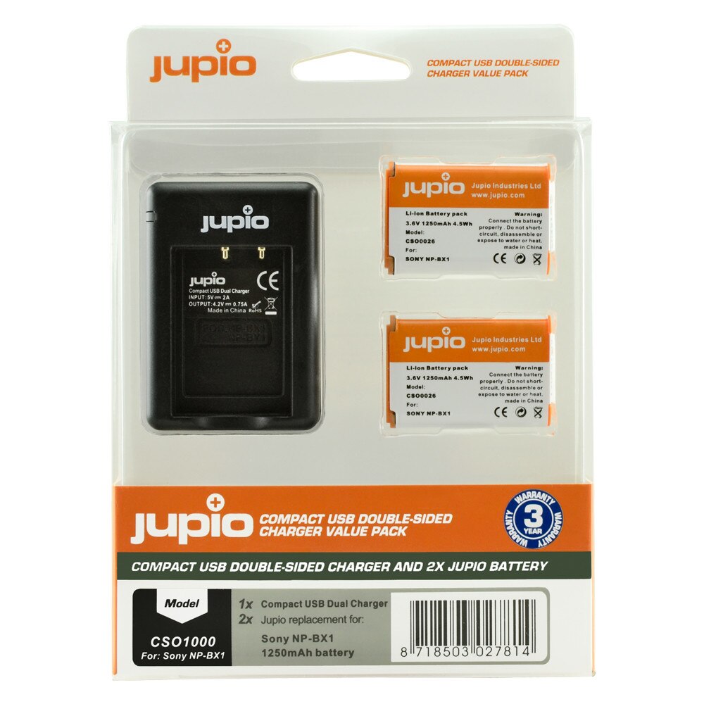 Kit 2 Acumulatori + Incarcator Jupio, Compatibil NP-BX1, Negru